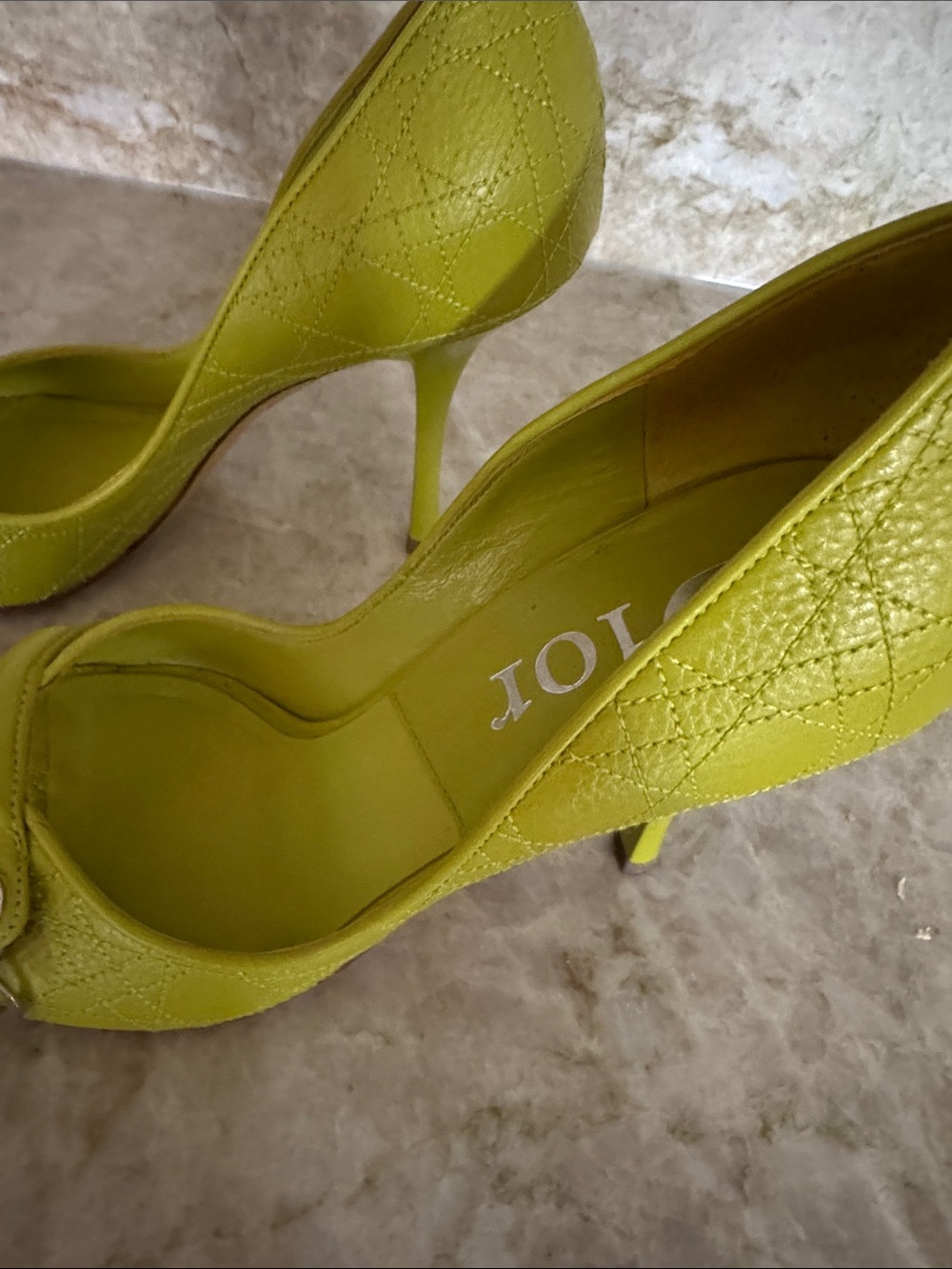 Dior Lime Green Quilted Peep-Toe Leather Pumps - Picture 3 of 10